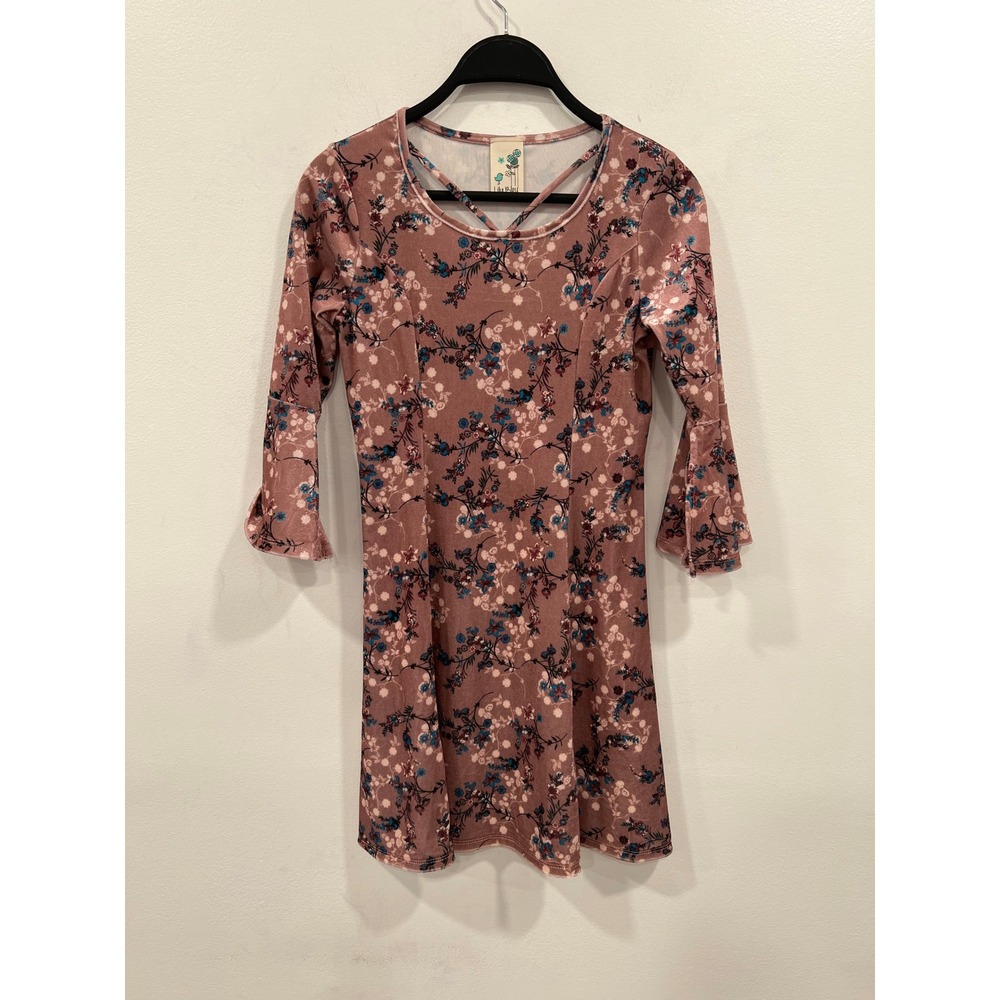 Lily Bleu Dress Girls Mauve Pink Floral Velour Bell Sleeve Dress Size 12